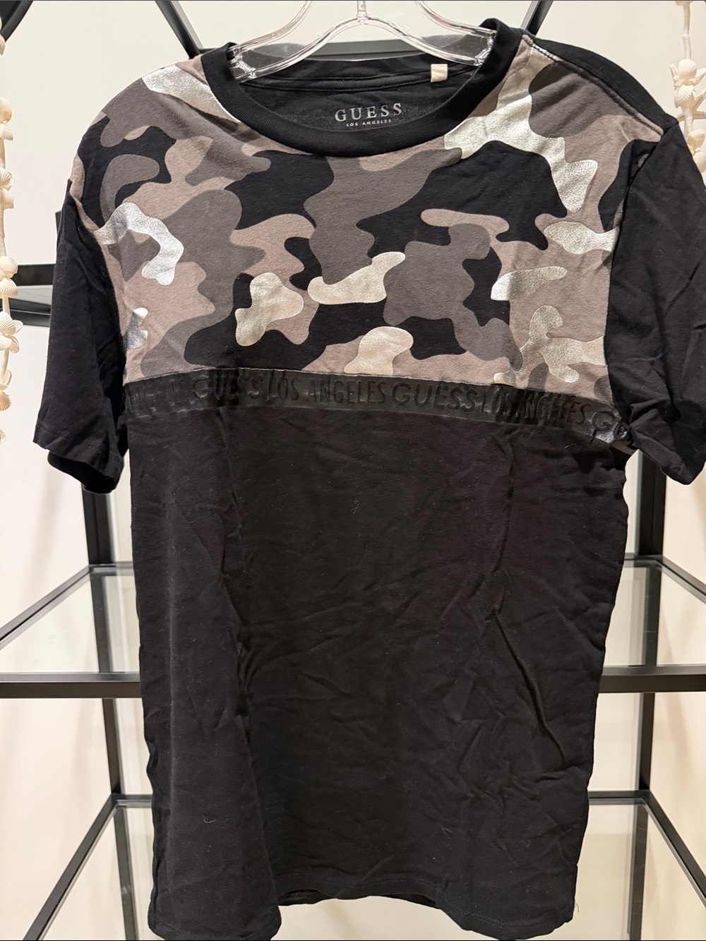 GUESS Men’s Black and Gray Camo Contrast Short Sleeve Tee